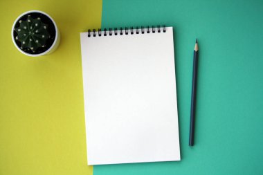 Planlayıcı düzeni, tasarım, harf, metin ve şablon için boş spiral defter aç. Yeşil, sarı arka plan, kalem, kaktüs. Metin için boşluk.