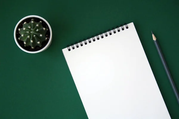 Planlayıcı düzeni, tasarım, harf, metin ve şablon için boş spiral defter aç. Yeşil arka planda kalem ve kaktüs var. Metin için boşluk.