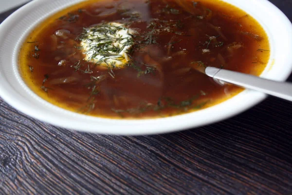 Rote Bete Suppe Auf Einem Weißen Teller Borsch Raum Für — Stockfoto