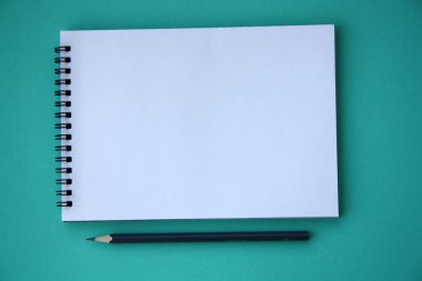 Planlayıcı düzeni, tasarım, harf, metin ve şablon için boş spiral defter aç. Yeşil arka plan, kalem. Metin için boşluk.