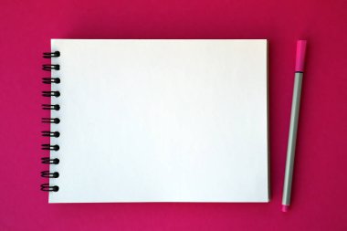Mockup planlayıcı düz, üst yatay görünüm pembe zemin. Kalemle birlikte beyaz not defteri. Metin için boşluk