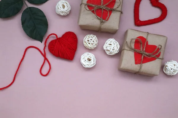 Craft Gift Box Red Heart Craft Ribbon Pink Background Celebrate — Stockfoto