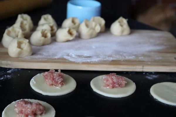 Cucinando Gnocchi Russi Pasta Carne Fatto Mano Contesto Culinario — Foto Stock