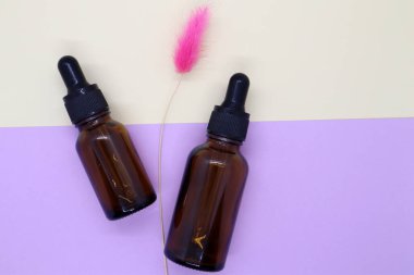 Konteynır, kahverengi kozmetik şişe ve pirple arka planda kurutulmuş çiçekler. Marka modeli için boş etiket. Satılık promosyon için hediye. Üst görünüm