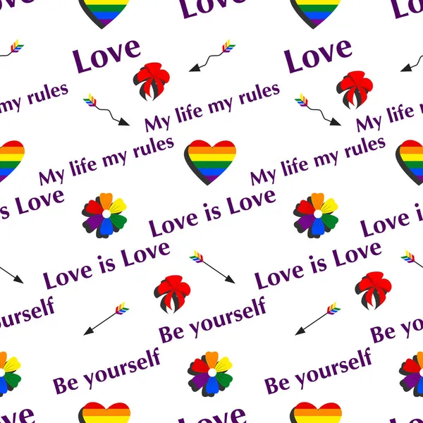 Patrón Inconsútil Del Vector Lgbt Imágenes Corazón Flores Flechas Color — Vector de stock