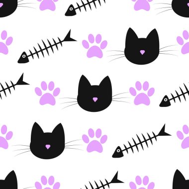 Balık iskeleti görüntüsü, kedi pençesi izi ve beyaz izole edilmiş arka planda yavru kedilerin yüzleri olan vektörsüz desen. Miyav!.