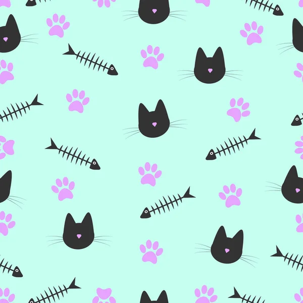 向量无缝图案与鱼骨架的图像 粉红色的猫爪的指纹 猫的头 蓝色孤立的背景 Meow — 图库矢量图片