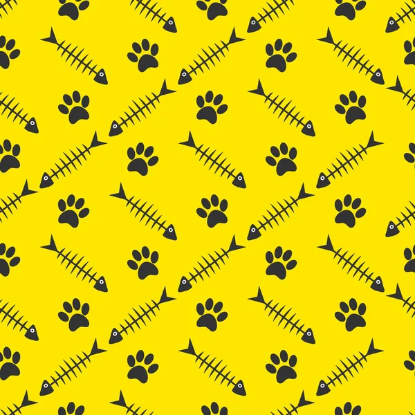 在黄色孤立的背景上 向量图案与鱼的骨骼和猫的爪子的图像无缝 Meow — 图库矢量图片