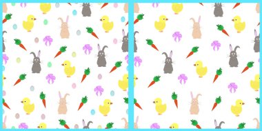 Paskalya kusursuz vektör deseni ayarlandı. Paskalya tavşanları, renkli yumurtalar, izole edilmiş beyaz arka planda tavuklar ve yaylar. Pastel renklerde eşsiz arkaplan.