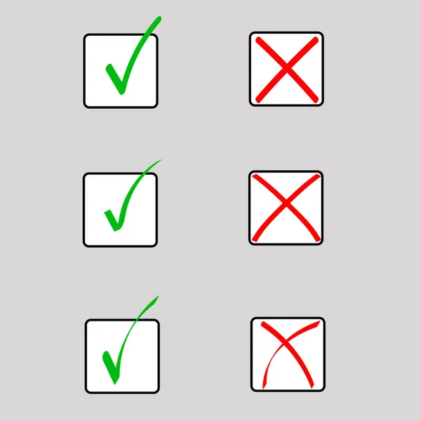 Groene Cheque Rode Kruis Pictogrammen Ingesteld Gemaakt Drie Stijlen Geïsoleerde — Stockvector