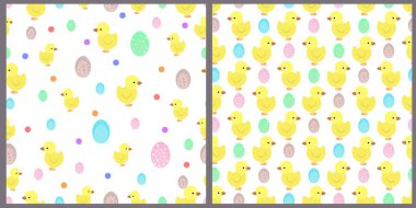 Vektör soyut kalıpları kümesi. Sarı tavuklar ve renkli yumurtalar, beyaz izole bir arka planda.. 