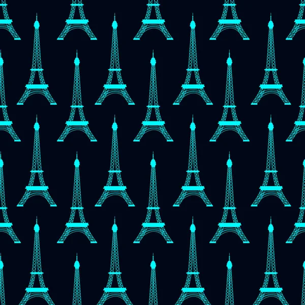 Patrón Sin Costura Vectorial Torre Eiffel Azul Sobre Fondo Negro — Vector de stock
