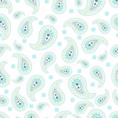 Kusursuz vektör deseni. İzole edilmiş beyaz bir arkaplanda mavi renkli soyut desen. Paisley desenleri. 