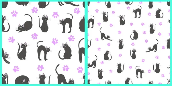 一组向量模式 抽象灰猫和粉红猫的脚印在白色孤立的背景上 — 图库矢量图片