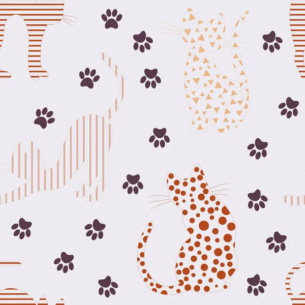 向量无缝模式与乳白色的褐色和米黄色在白色孤立的背景 各种姿势的猫的轮廓被涂上了各种几何图案 — 图库矢量图片