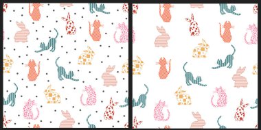 Bir dizi vektörsüz şablon. Ortasında geometrik desenleri olan kediler ve tavşanlar beyaz yalıtılmış arka planda.. 