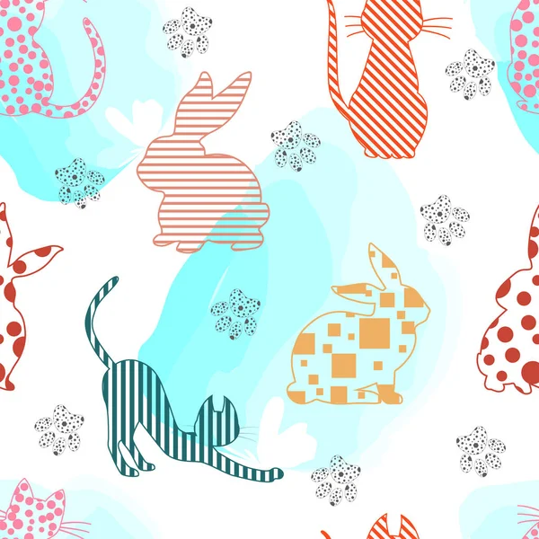 Vector Seamless Pattern Cat Rabbit Contours Geometric Patterns Middle White — стоковый вектор