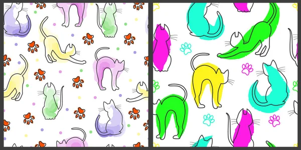 Vector Seamless Patterns Contours Cats Filled Brush Strokes Bright Colors — 图库矢量图片