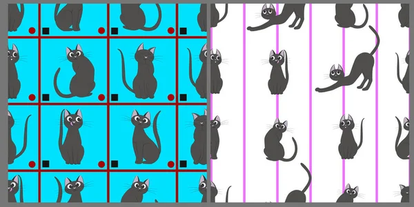 Set Vector Seamless Patterns Gray Cartoon Cats Background Horizontal Vertical — 图库矢量图片