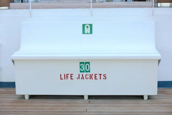 spare Life jackets box with green sign on it showing quantity of spare life jackets