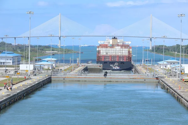 Container ship at the Miraflores Locks, Panama Canal, Panama City, Panama