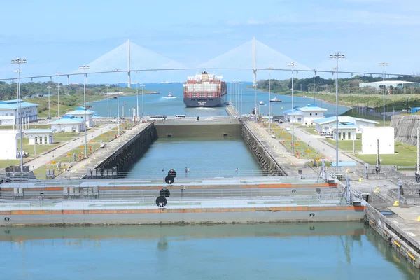 Container ship at the Miraflores Locks, Panama Canal, Panama City, Panama