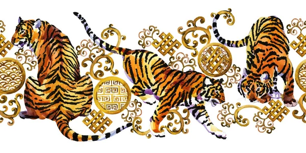Tigre Sem Costura Padrão Aquarela Tigres Asiático Estilo Luxo Fundo — Fotografia de Stock