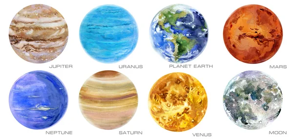 Güneş Sistemi Gezegenler Elle Çizilmiş Suluboya Koleksiyonu Toprak Venüs Satürn - Stok İmaj