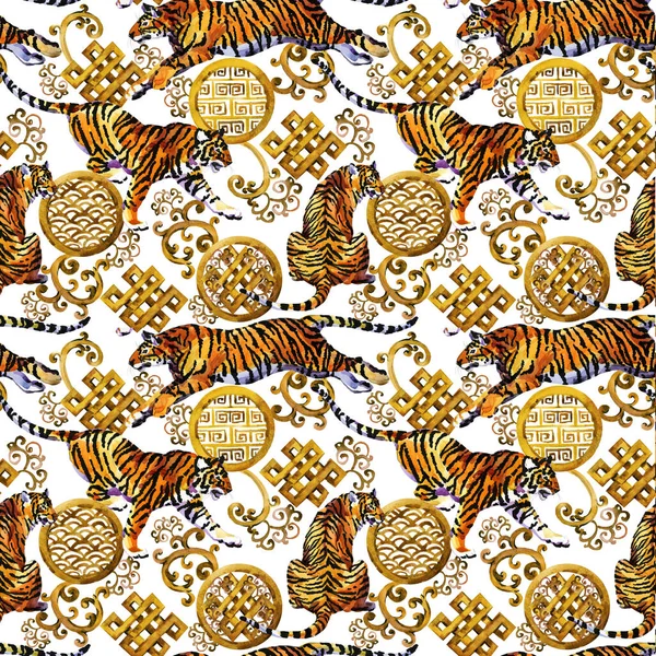 Tigre Sem Costura Padrão Aquarela Tigres Asiático Estilo Luxo Fundo Fotografias De Stock Royalty-Free