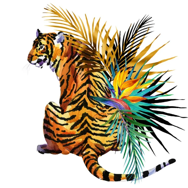 Tiger Och Exotiska Palmblad Och Blommor Akvarell Illustration Stockbild