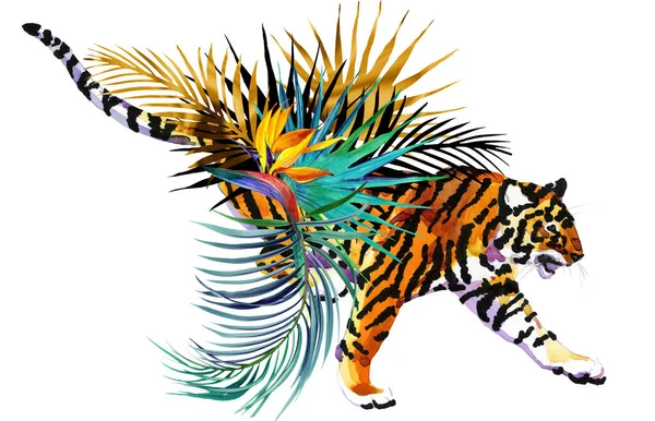 Tiger Och Exotiska Palmblad Och Blommor Akvarell Illustration Stockbild