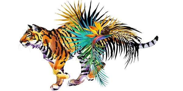 Tiger Und Exotische Palmenblätter Und Blüten Aquarellillustration Stockbild