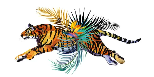 Tiger Und Exotische Palmenblätter Und Blüten Aquarellillustration lizenzfreie Stockfotos