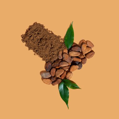 Sağlıklı organik kakao ürünleri içeren yaratıcı kompozisyon: fasulye, bej arka planda toz. Enerji süper gıdaları, beyin gıdaları. Düz yat. Boşluğu kopyala.