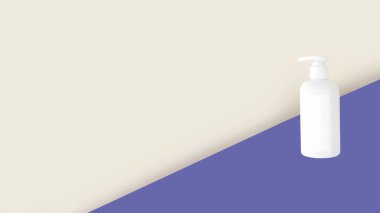 Banyo yapan çocuklar için doğal hipoalerjenik köpük. Beyaz plastik pompa şişesi. Çocuk kozmetiği. Bej renginde şişeler, çok canlı bir arka plan. Yatay olarak. Pankart. Boşluğu kopyala.