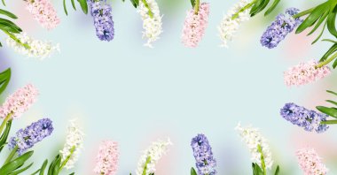 Pembe, gül, beyaz, mor mor mor sümbül çiçekleri gökyüzü mavisi arka planda. Bahar kartpostalı, tebrik kartı düğünü, doğum günü, anneler günü, kadınlar günü kavramı. Düz yat, boşluğu kopyala.