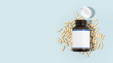 Açık mavi arka planda doğal renk kapsülleri ve cam şişe. Vitaminler, biyolojik olarak aktif bileşenler. Sağlıklı bağışıklık kompozisyonu. Sağlık, yaşam tarzı. Üst Görünüm, Boşluğu Kopyala