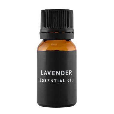 Beyaz arka planda izole edilmiş bir şişe lavanta yağı. Doğal kozmetik, doğal yağ, aromaterapi, duygusal refah ve cilt bakımı fikri. Kesme yolu.