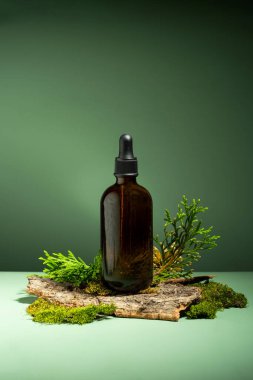 Yeşil arka planda gerekli yağların, yosunların ve ağaç kabuklarının kavramsal bileşimi. Cilt ve saç bakımı için yağ serumu. Damlatıcısı olan cam şişeler dolusu vücut yağı. Özbakım, Orman ve Doğa teması.