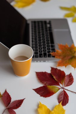 Turuncu kahve fincanı, sonbahar. Yan görünüm.