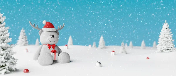 泰迪熊与驯鹿鹿角帽子持有圣诞礼物 寒假背景概念3D演示了3D — 图库照片