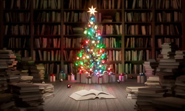Kütüphanede eski kitaplarla süslenmiş Noel ağacı, kitapçı konsepti 3D resimleme