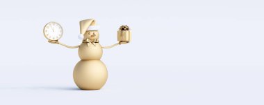 Golden Snowman 'ın elinde bir hediye ve beyaz arka planda bir saat var. Zarif yeni yıl konsepti 3D render 3d illüstrasyon