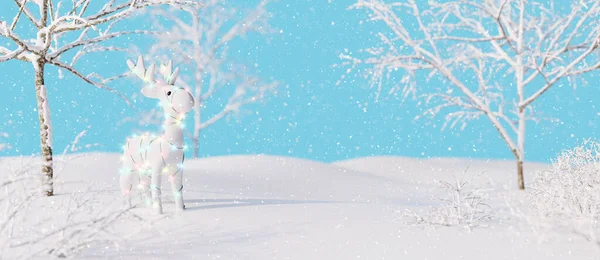 驯鹿在美丽的雪地森林里 寒假背景3D演示3D — 图库照片