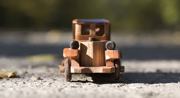 Old Retro Wooden Toy Car Road Autumn Forest — Stock Photo, Image