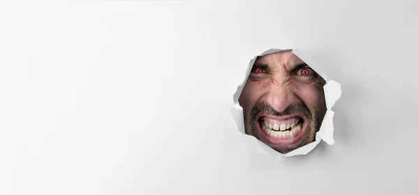 Angry Insane Man Looking Hole Red Eyes White Background Copy — Stock Photo, Image