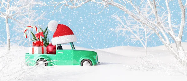 Lindo Coche Verde Con Sombrero Santa Llevar Regalo Decoraciones Navidad —  Fotos de Stock