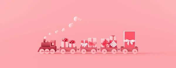かわいいピンクの電車やワゴンの贈り物でいっぱい ピンクの背景の3Dレンダリングの3Dイラストでお祝いのコンセプト — ストック写真