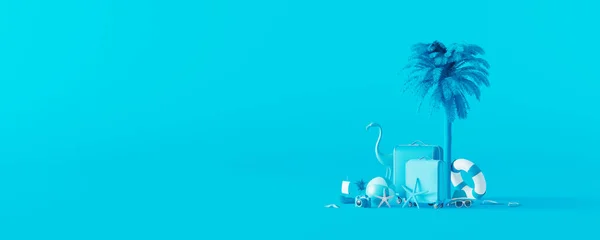 青い背景に夏のアクセサリーやヤシの木とスーツケース 創造的な最小限の夏の旅行の概念のアイデア3Dレンダリング3Dイラスト — ストック写真