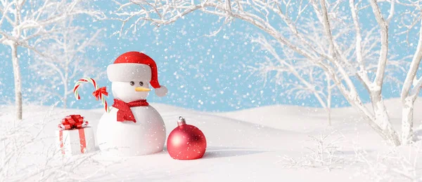 Χιονάνθρωπος Δώρο Και Χριστουγεννιάτικη Διακόσμηση Όμορφο Χιονισμένο Δάσος Χειμερινές Διακοπές — Φωτογραφία Αρχείου